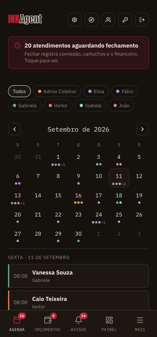 Agenda do InkAgent no modo escuro