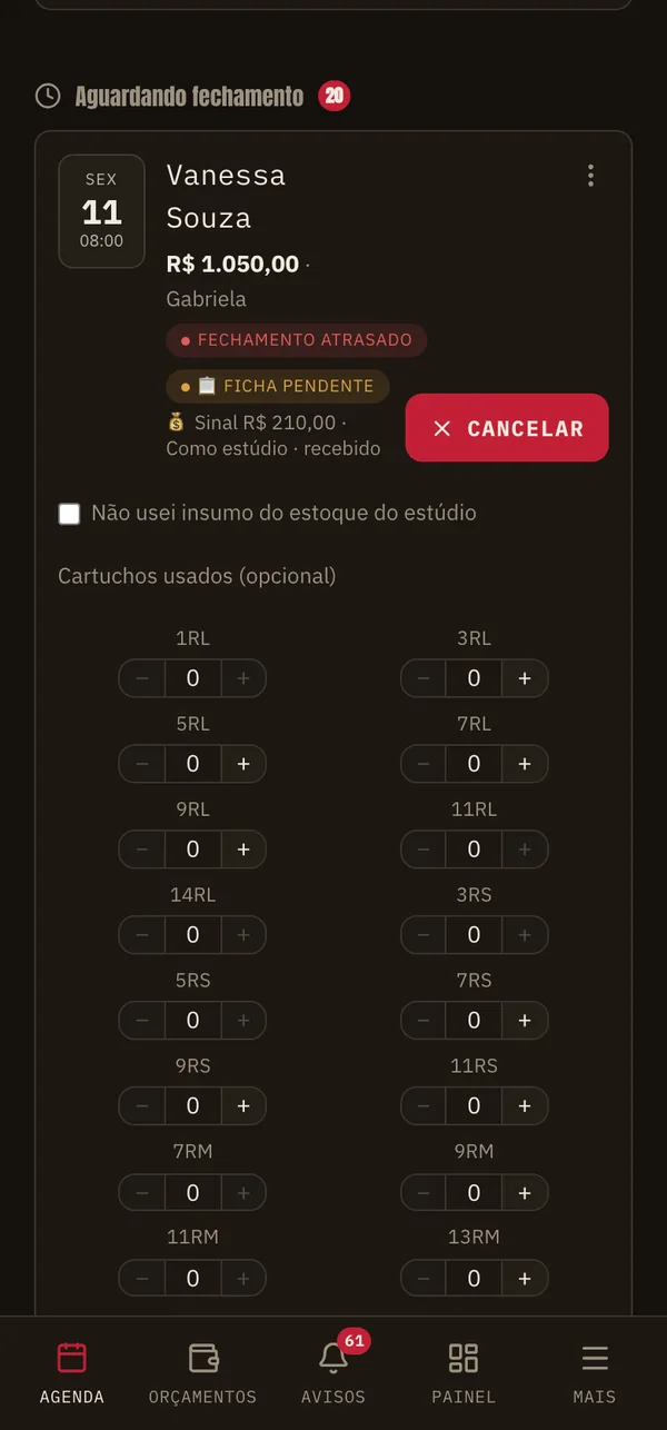 Fechamento de sessão com os cartuchos usados